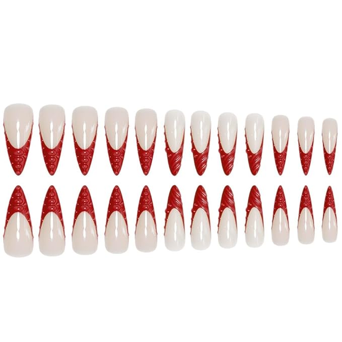Long Stiletto Press on Nails Nude False Nails Red Dripping Glossy Stick on Nail for Women 24pcs