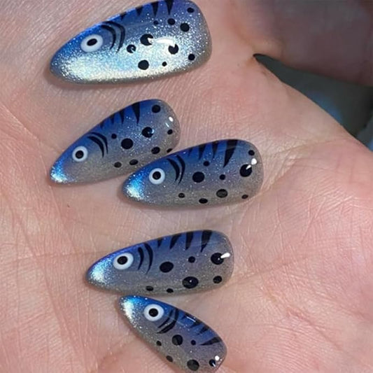 Blue Fish Press on Nails Medium Almond Fake Nails Summer False Nails Press on Ocean Cat Eye Glue on Nails Glossy Acrylic Nail for Women Manicure Art 24Pcs