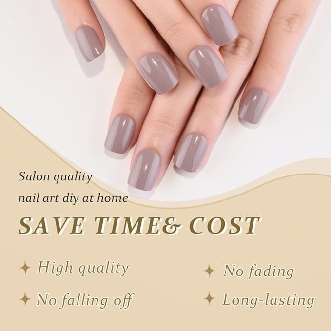 evpct Acrylic Taupe Glossy Press on Nails Short Square, Glossy Taupe Fake Nails Reusable False Nail Stick Glue on Press ons for Women Gifts, Perfectly Fit Durable False Nail Kit with Gel Glue 30Pcs
