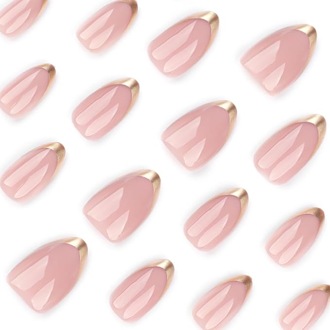Almond Press On Nail Short, Pink Fake Nails with Elegantly Crafted Gold French Tips, Glossy Gel Finish, Thick Natural Reusable Glue On Nails Kit for Women 24Pcs, Golden Chic