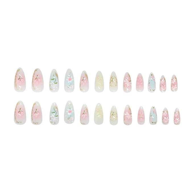 24Pcs Blush Pink Press on Nails Light Flower Glitter Medium Almond Fake Nails Handmade Almond Light Blue False Nails Flower Designs Stick on Nails Summer Woman Manicure