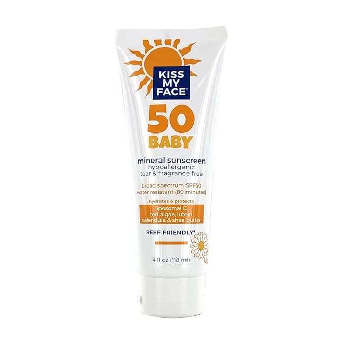 Kiss My Face Baby Sunscreen Lotion SPF 50 - Water-Resistant Sunscreen Mineral Lotion - Reef-Friendly & Cruelty-Free - Hypoallergenic, Tear-Free And Fragrance-Free With Shea Butter - 4 fl oz Tube