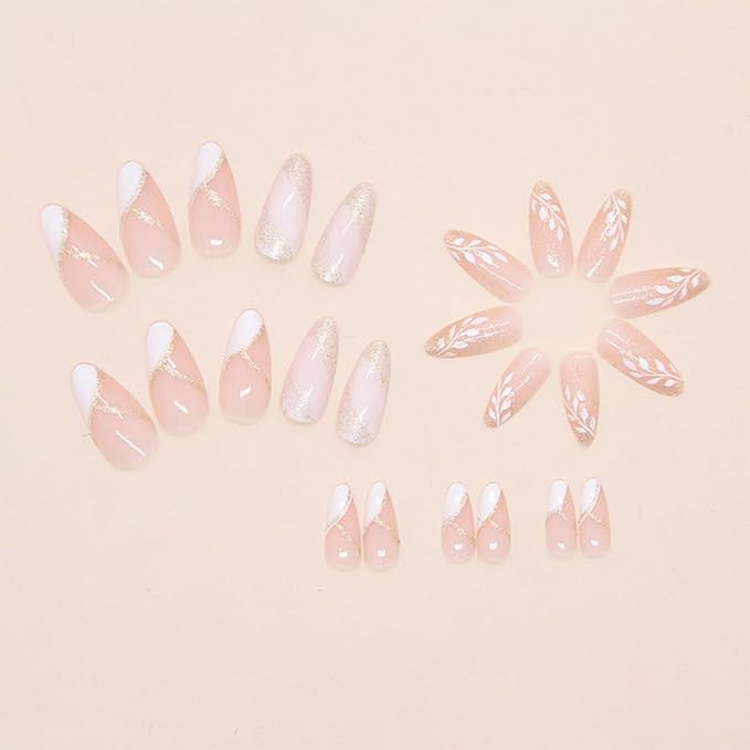 Almond Press on Nails Gold Glitter French Tip Fake Nails with Leaves Designs Medium Length Artificial Nails Sparkly False Nails Glossy Full Cover Acrylic Stick on Nails for Women Manicure Tips 24Pcs