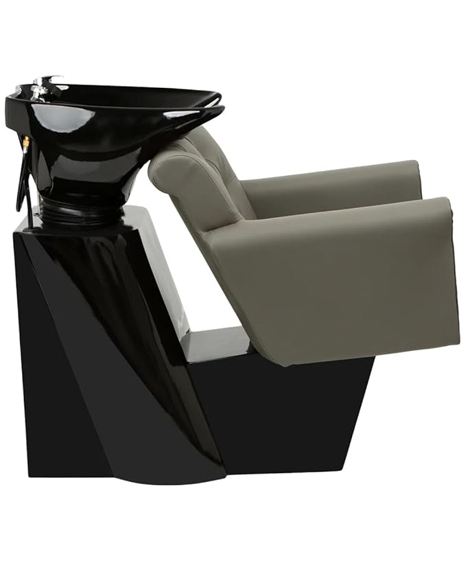 Buy-Rite Chelsea Shampoo Backwash Station - Gray Tufted Chair & Tilting Porcelain Bowl, Brass Nailhead Trim, Removable Cushion, Full Hardware Kit - NIN-9902BW-GRY