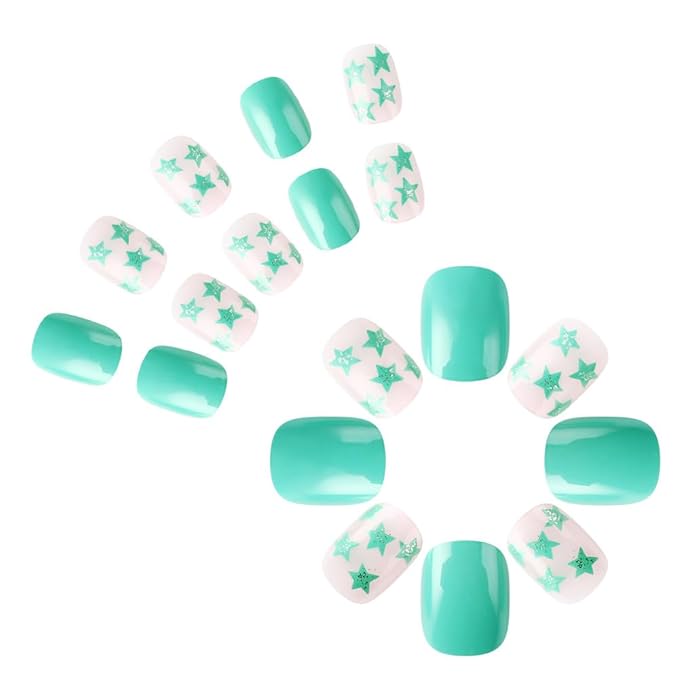 Green Press on Nails Short Square Fake Nails Spring False Nails with Designs Green Star Glue on Nails Cute Acrylic Nails Full Cover Summer False Nail Tips Reusable Stick on Nails for Women 24PCS