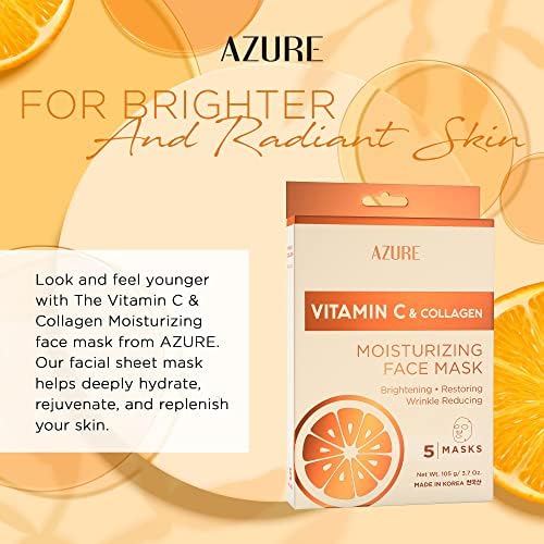 AZURE Vitamin C & Collagen Moisturizing Facial Sheet Mask- Anti Aging, Deeply Moisturizing & Firming - Improves Elasticity - Skin Care Made in Korea - 10 Pack