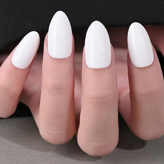 evpct Glossy Press on Nails Short Almond Short for Women, White Fake Nail with Glue Salon Quality Reusable Stick on Nails In 15 Sizes 30Pcs Full Cover False Nail Soft Gel Set Kit for Gift, 18