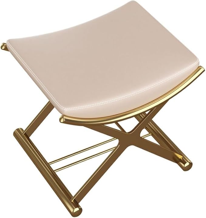 Luxury Modern Vanity Stool with Gold X-Frame Metal Legs, Cream Leather Ottoman Bench Seat for Bathroom, Living Room, Makeup, 17.72 x 14.96 inches (Gold)