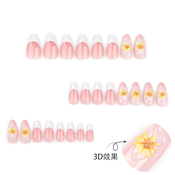 Floral Press on Nails White French Tip Fake Nails with Pearl Design Spring Summer Nail Glossy Reusable Artificial Acrylic Full Cover Stick on Nails Medium Almond False Nails for Women Manicure 24Pcs