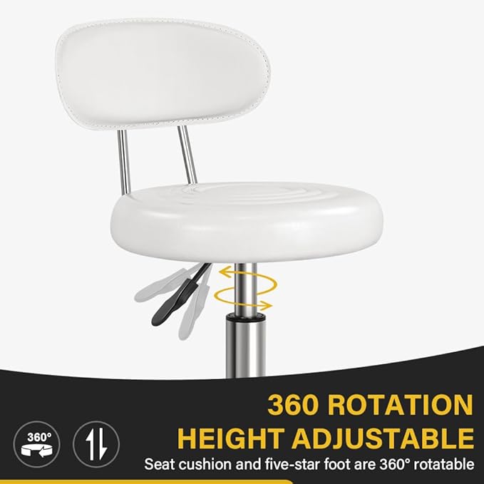 Rolling Stool with Wheels Swivel Stool with Back Height Adjustable Chair PU Leather Rolling Chair Ideal for SPA Salon Home Office Drafting Work (White)