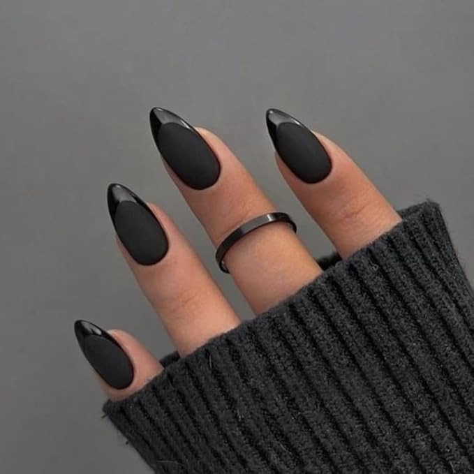 Black French Tip Press on Nails Short Almond Nails Press ons, Short Fake Nails with Matte Finish, Dark French Glue on Nail False Nail for Women Halloween, in 32 Pcs 16 Sizes