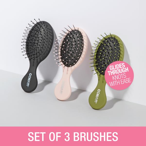 Conair Detangling Mini Hair Brush Set, 3-Pack Detangler Brushes for Wet or Dry Hair, Gentle Detangler for All Hair Types, Bristle Hair Brushes for Women, Travel Size, Matte Pink, Green, Black