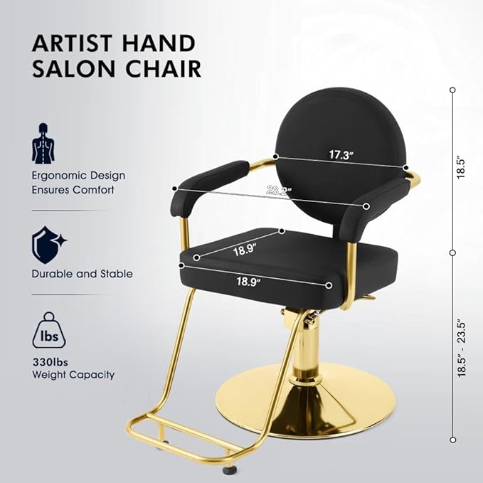 Artist hand Salon Chair for Hair Stylist, Hydraulic Barber Chair 360° Swivel Hair Stylist Chair, Thick Seat with Foot Rest Comfortable Salon and Spa Beauty Equipment Black and Gold