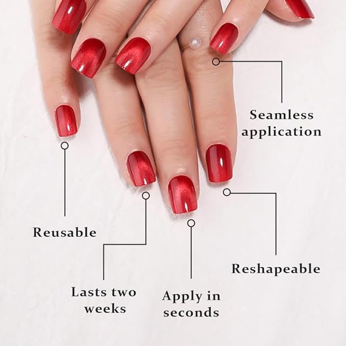 evpct Red Cat Eye Extra Short Press on Nails Square, Petite Short Square Glue on Nails for Women Gift, Real Red Metallic Glitter Glossy Reusable Stick Gel Press on Acrylic Fake Nail with Designs