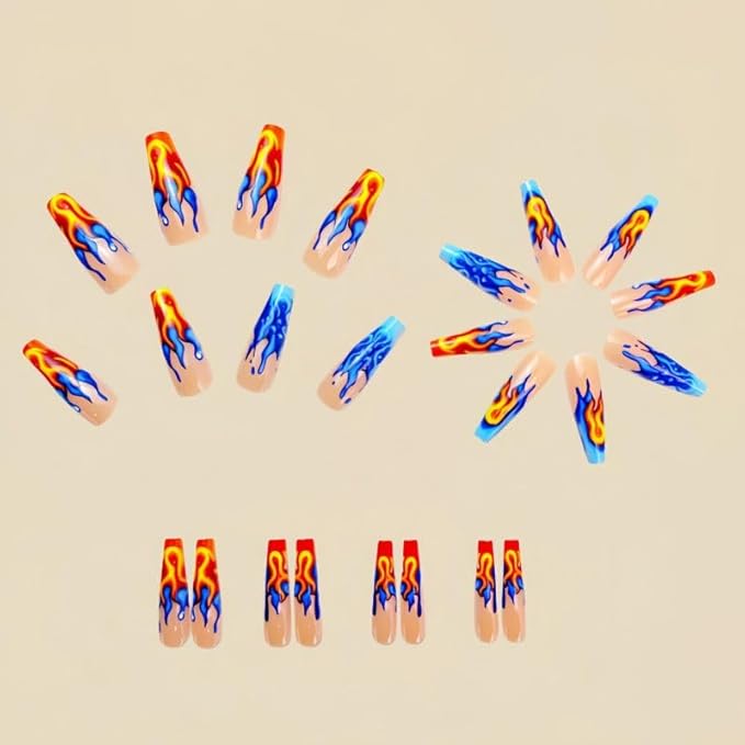 Hot Girls Press on Nails Long Length Coffin Shape with Fire Design Fake Nails for Prom and Party