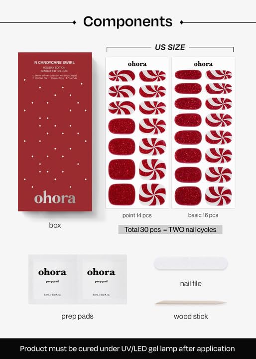 ohora Semi Cured Gel Nail Strips (N Candycane Swirl) - Works with Any Lamps, Salon-Quality, Long Lasting, Easy to Apply & Remove - Includes 2 Prep Pads, Nail File & Wooden Stick