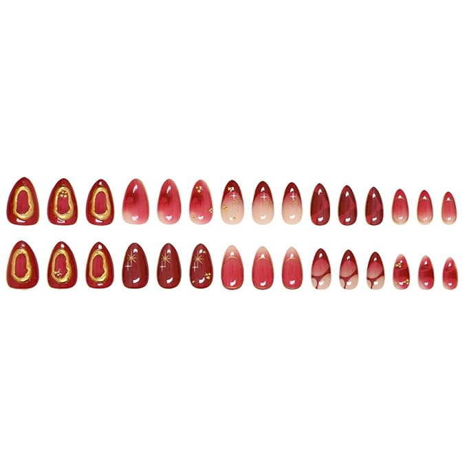 30pcs Deep Red Press on Nails Medium Almond French Fake Nails Stick on Nails Full Cover Artificial Glue on Nails Beautiful Fake nails Kit,Wine Red Nude Color Nail Art, Suitable for Women DIY Manicure