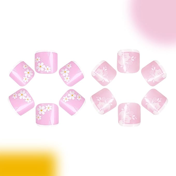 White Flower Press on Toenails Short Square French Tip Press on Flowers Fake Toenails with Floral Designs Glossy Pink Full Cover False Toenails Cute Toe Nails Press ons Acrylic Set for Women 48Pcs