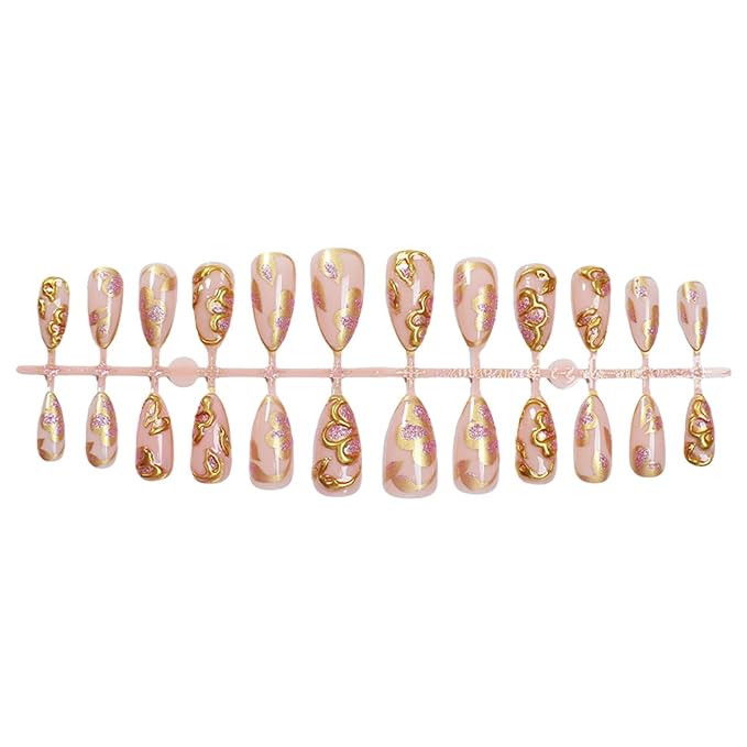 24Pcs Gold Press on Nails Medium Almond Fake Nails with Pink Glitter Glue on Nails Gold Chrome Full Cover Nail Tips French False Nails Pink Acrylic Nails Glossy Stick on Nails for Women Manicure
