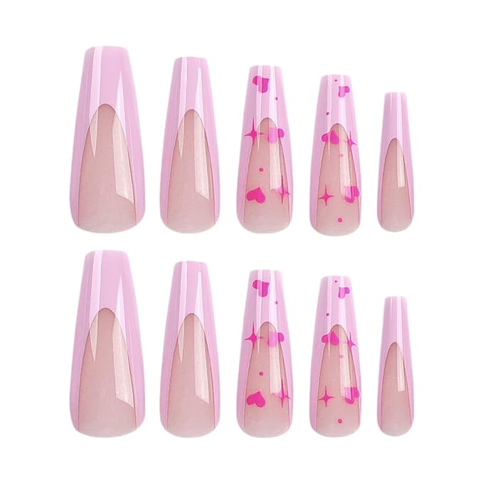 Pink French Tip Press on Nails Long Square Valentine Fake Nails Heart Star Design False Nails Full Cover Glossy Love Glue on Nails for Women 24PCS