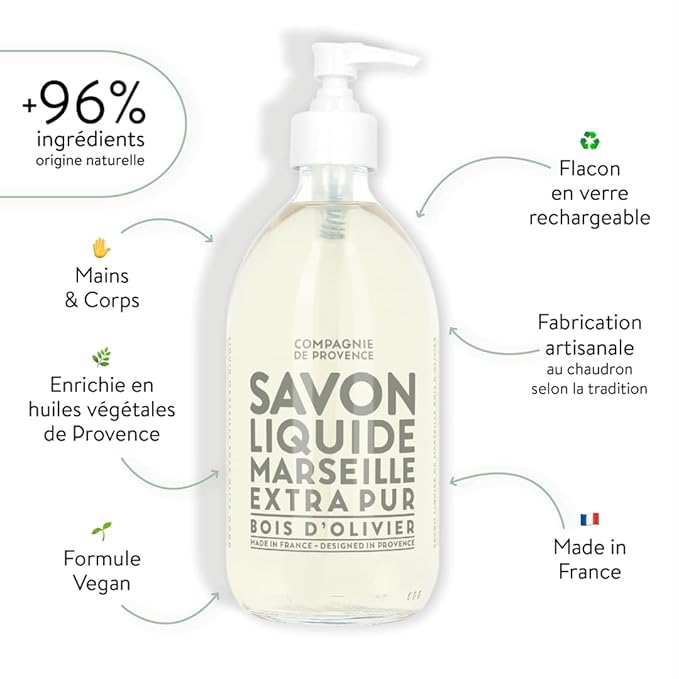 Compagnie de Provence Savon de Marseille Extra Pure Liquid Soap - Olive Wood - 16.7 Fl Oz Glass Pump Bottle