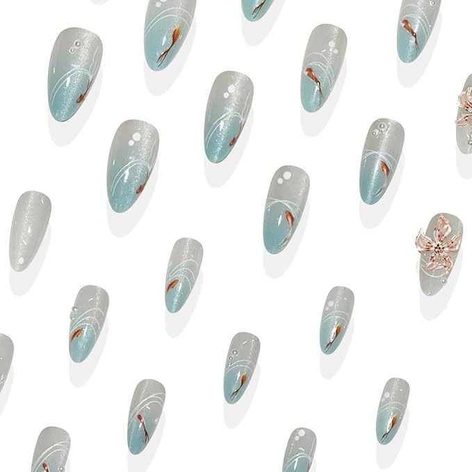 24Pcs Summer Press on Nails Almond Fake Nails 3D Flower Charms Blue French Tip Glue on Nails Blue Wave Cute Small Fish Design Acrylic Nails Artificial False Nails for Women Summer Manicure Decoration