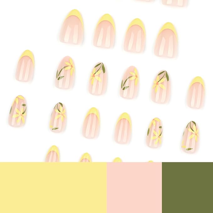 Nude Fake Nails with Yellow French Tip and Hand-Painted Floral Design, Glossy Gel Finish Acrylic Nails Kit for Women, 24 Pcs
