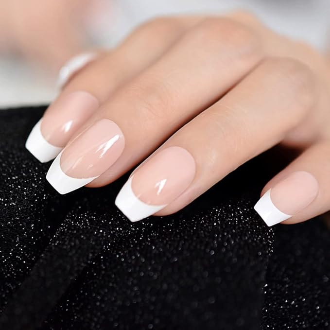 French Press on Nails Natural Nude White Medium Length Coffin False Nails Ballerina Nails Art Tips Salon Manicure Fake Fingernails for Daily Office