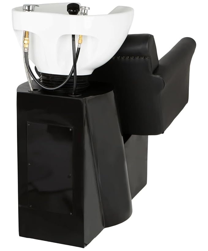 Buy-Rite Chelsea Backwash Station - Black Tufted Chair, White Tilting Porcelain Sink, Nailhead Trim, Removable Cushion, Faucet, Hose & Vacuum Breaker, NIN-9902BW