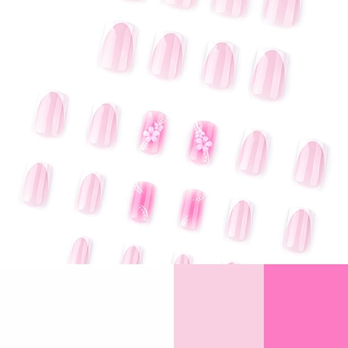 French Tip Press on Nails Square Medium Fake Nails Flowers False Nail Pink Glossy Full Cover Acrylic Nails Summer Glue on Nail Artificial Stick on Nail for Women Manicure DIY
