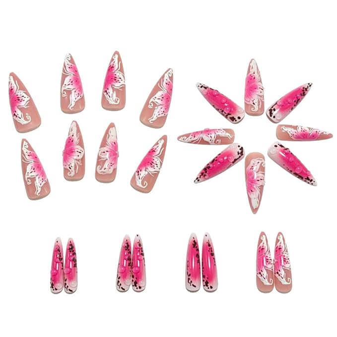 Almond Press on Nails Long Pink Fake Nails with 3d Flower Pearl 3D Water Drop Texture Design Glossy Full Cover False Nails for Women 24 Pcs