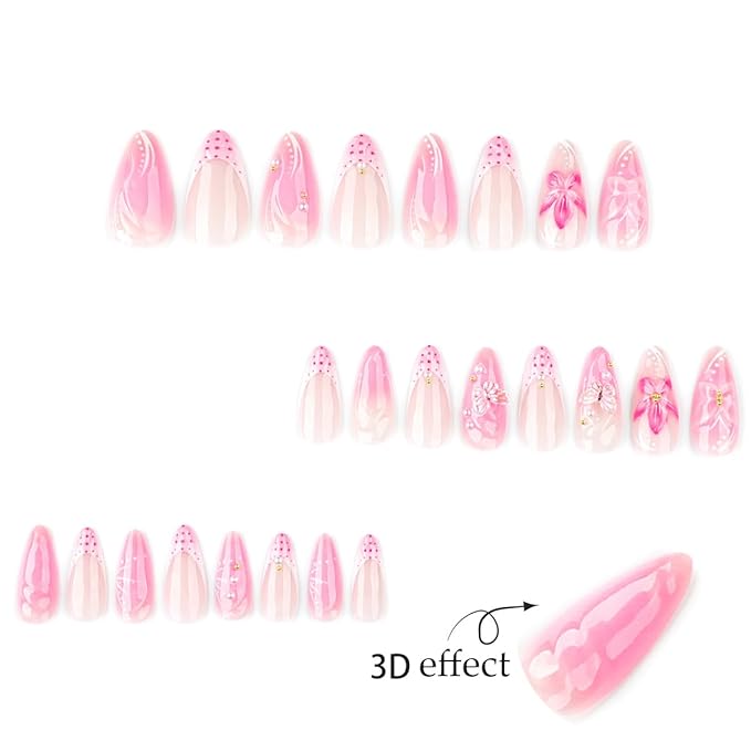 24Pcs Handmade Press on Nails Medium Almond Fake Nails with Flower Designs Clear 3D Butterfly Charms Pearl Beads Rhinestones Acrylic Nail Glossy French Tips Glue on Nails for Women Daily Wear