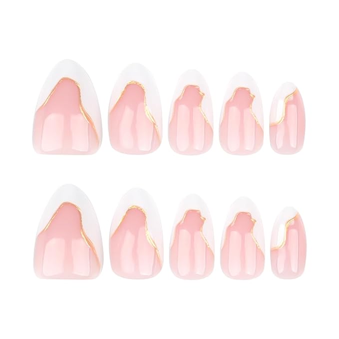 24Pcs Almond Press on Nails Short Fake Nails White French Tip False Nails with Gold Line Designs Glue on Nails Press ons 3D Acrylic Nail Nude Pink Glossy Full Cover Stick on Nails for Women Manicure