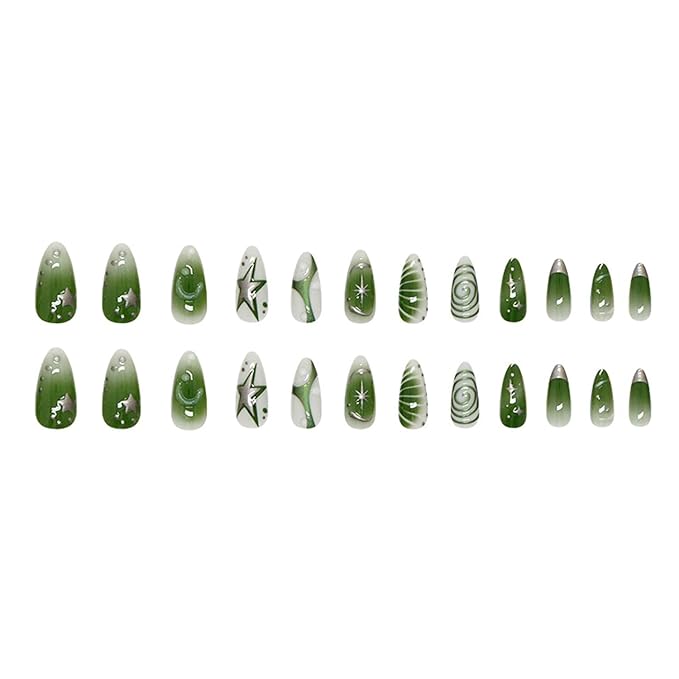 24Pcs Green Press on Nails Medium Almond Fake Nails with Irregular Silver Star Designs Stick on Nails French Tip Nails Reusable Acrylic Nails Full Cover Artificial Glue on Nails for Women Daily Wear
