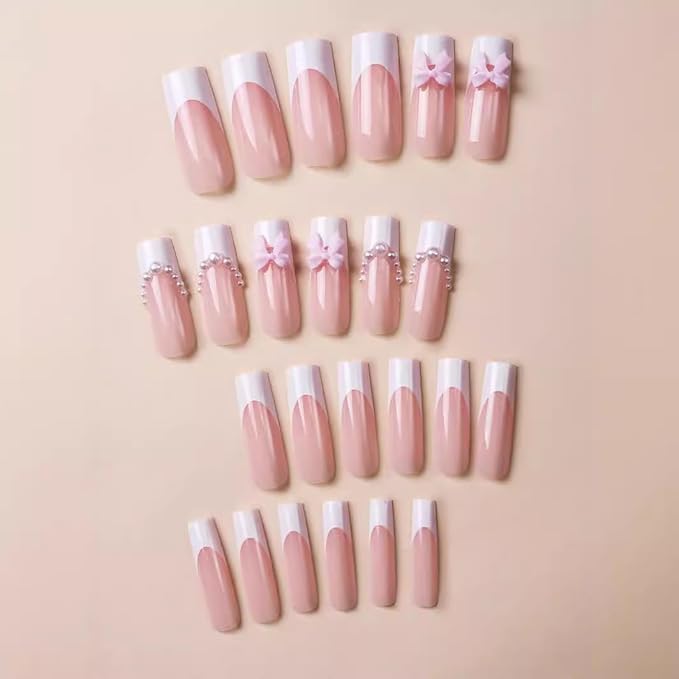 French Tip Press on Nails Long Square Fake Nails Bow Acrylic Nails Cute False Nails with Designs Pearl Glue on Nails White Nail Tip Nude Stick on Nails for Women Girls 24Pcs