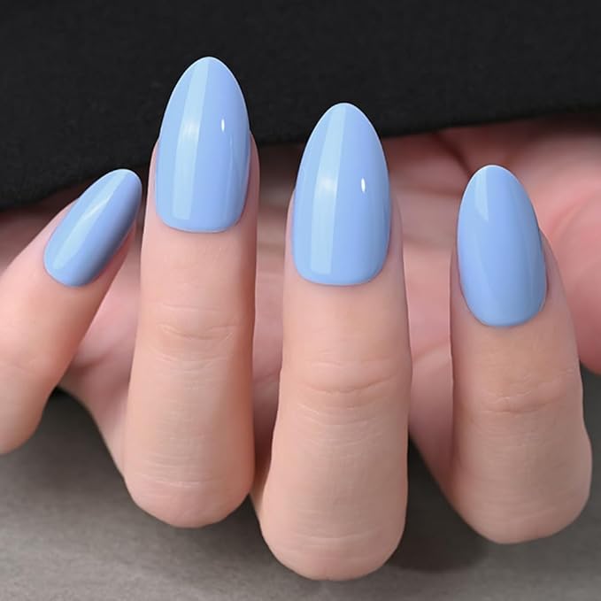 evpct Glossy Press on Nails Short Almond Short for Women, Aqua Blue Fake Nail with Glue Salon Quality Reusable Stick on Nails In 15 Sizes 30Pcs Full Cover False Nail Soft Gel Set Kit for Gift, 06
