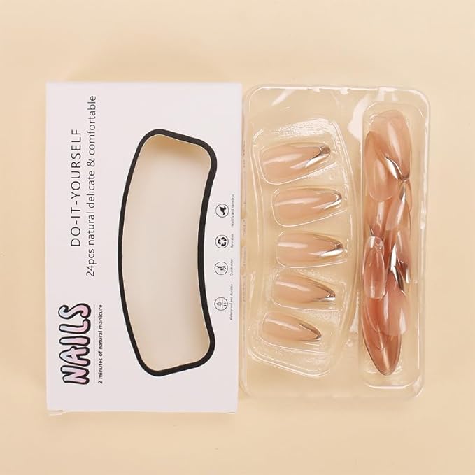 Gold French Tip Press on Nails Almond Fake Nails Full Cover Glossy Short Acrylic False Nails Press ons 3D Golden Line Glue on Nails for Women Nails Decoration 24Pcs