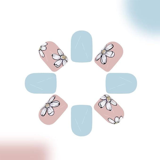 24 Pcs Short Square Press on Nails Spring Fake Nails With Designs Cute Flower False Nails Artificial Acrylic Nail Kit Light Blue Full Cover Stick on Nails Glossy Pink Flowers Glue on Nails For Women