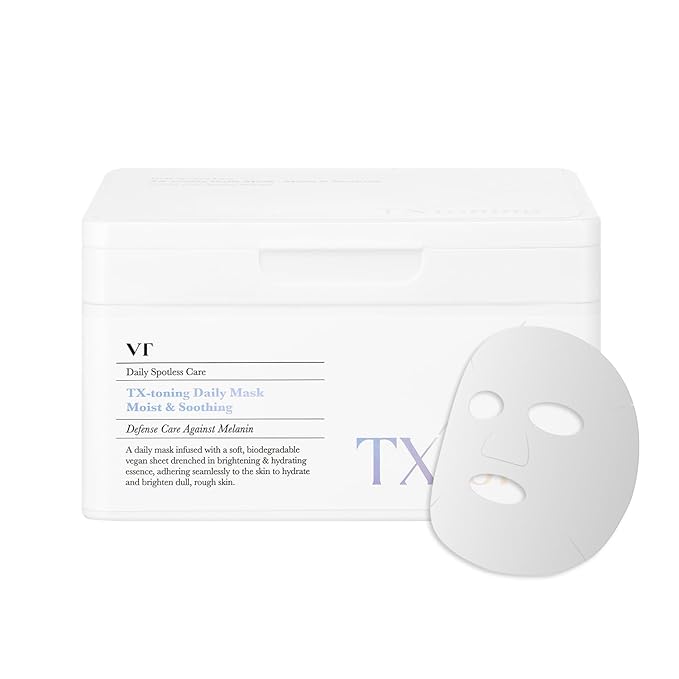 VT COSMETICS TX Toning Daily Mask 30 Sheets, Tranexamic Acid, Niacinamide, Glutathione for Acne Scars, Dark Spots, Sun Spots, Hydrating & Glowing Facial Mask, Fragrance-Free, Korean Face Mask