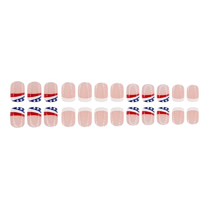 24Pcs Independence Day French Tip Press on Nails Short Square Fake Nails with USA Flag Nail Tips Design 4th of July Acrylic Glue on Nails Patriotic False Nails Full Cover Stick on Nails for Women