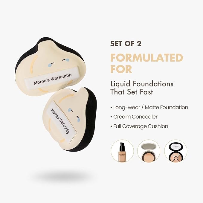 Momo's Workshop Garlic-Shaped Makeup Sponge-Hydropolyurethane Concealer Sponge Dry&Wet Use, PU Leather Handle for Liquid/Powder Foundation, 2pcs Beauty Sponges & Storage Case