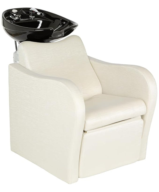 Buy-Rite Lexus Backwash Unit – White Zebra Vinyl Chair, Tilting Black Porcelain Bowl, Kick-Out Legrest, Extra Wide Seat, European Faucet, Salon Shampoo Station – TS-8018B