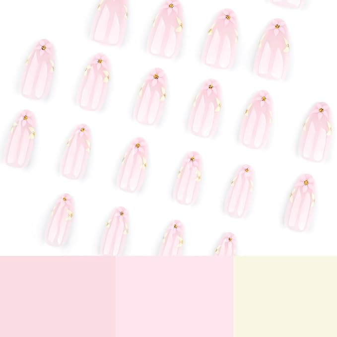 Spring Press-On Nails, Light Pink Fake Nails, Almond Shape Flower Artificial Nails with Gold Accents Designs, Medium Length Glue on Nails, Cute Stick on Nails for Women Girls, 24 Pcs