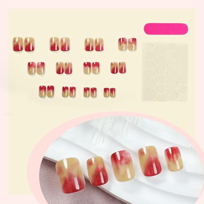 Cute Press on Nails Short Fake Nails Oval False Nails with Design Red Full Cover Nails for Girls 24pcs