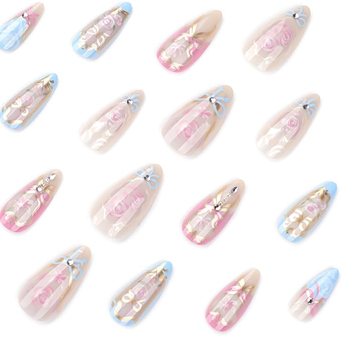 24Pcs Pink Flower Press on Nails Medium Almond Fake Nail Cute Bow with Rhinestones Designs Glue on Nails Rose Flowers Acrylic Nail Pink Blue Full Cover False Nails for Women Daily Wear