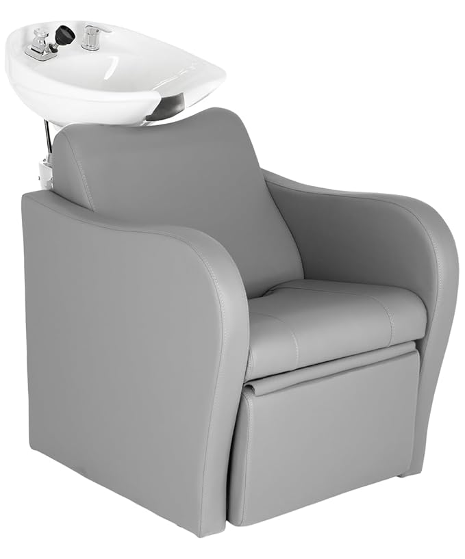Buy-Rite Lexus Backwash Unit - Professional Salon Shampoo Chair with Extra-Wide Seat, Kick-Out Leg Rest, Tilting Porcelain Bowl, Single-Handle Faucet & Neck Rest, European Style Gray TS-8018B