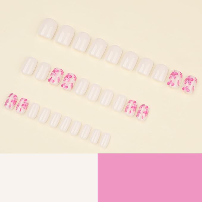 White Press On Nails Square Short, Pink Flower Fake Nails with 3D Floral Design, Glossy Finish Reusable Acrylic Nails, Natural Glue On Nails Kit for Women, 24Pcs