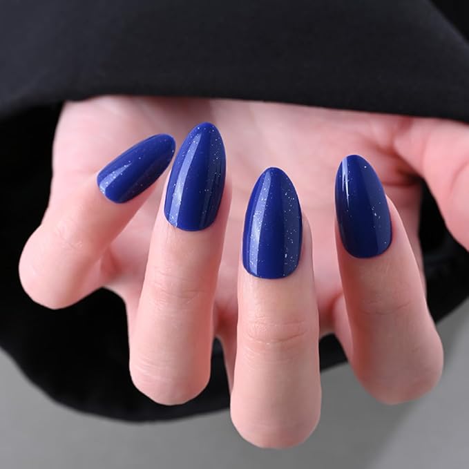 evpct Press on Nails Almond Short, Royal Blue Glitter Shimmer Shiny Short Almond Fake Nails for Women Gift, Soft Gel Press Glue On Nails with Nail Glue, 30Pcs Reusable Acrylic Fake Nail Manicure Kit