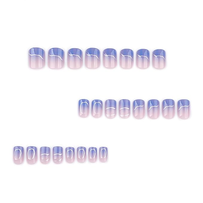 Short Square Press On Nails blue Nude Gradient False Nails with Silver Streaks Acrylic Press in Nail Gel Stick On Nails Set Glue on Nails for Women & Girls 24Pcs
