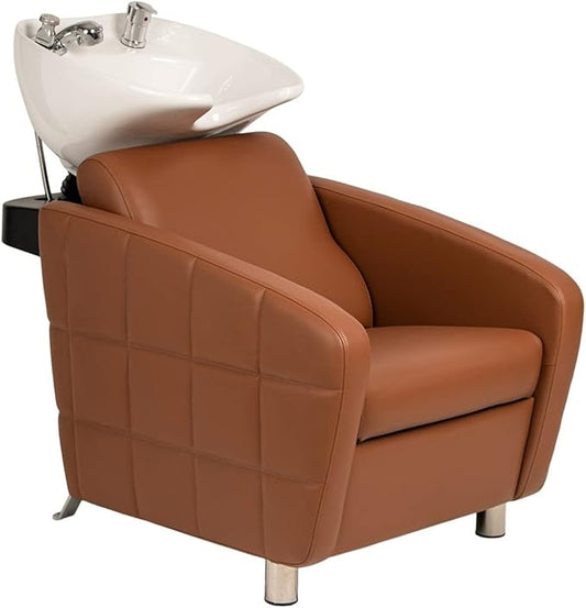 Buy-Rite Icon Shampoo Backwash Unit for Salons & Barbers, Extra Wide Seat, Tilting Porcelain Sink, Lumbar Support, Camel Vinyl Upholstery, YLG-192-BW, White Bowl